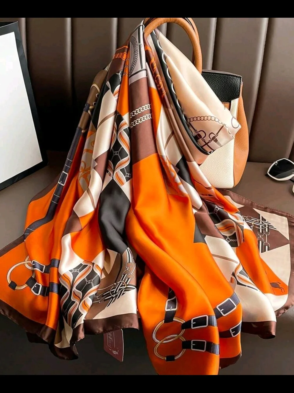 Silk-Feel Orange & Brown Patterned Women's Scarf 70.9